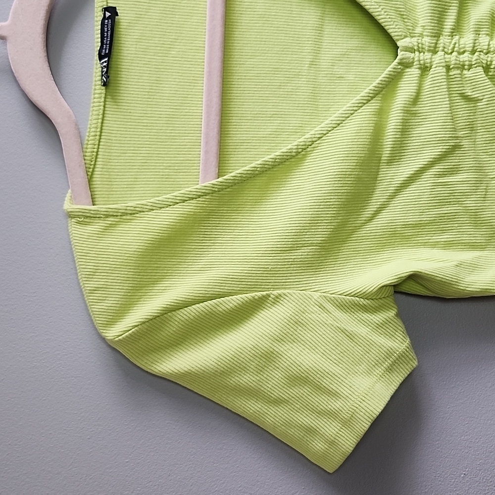 NWOT ZARA Neon lime green yellow v-neck ribbed drawstring crop top - Picture 4 of 9